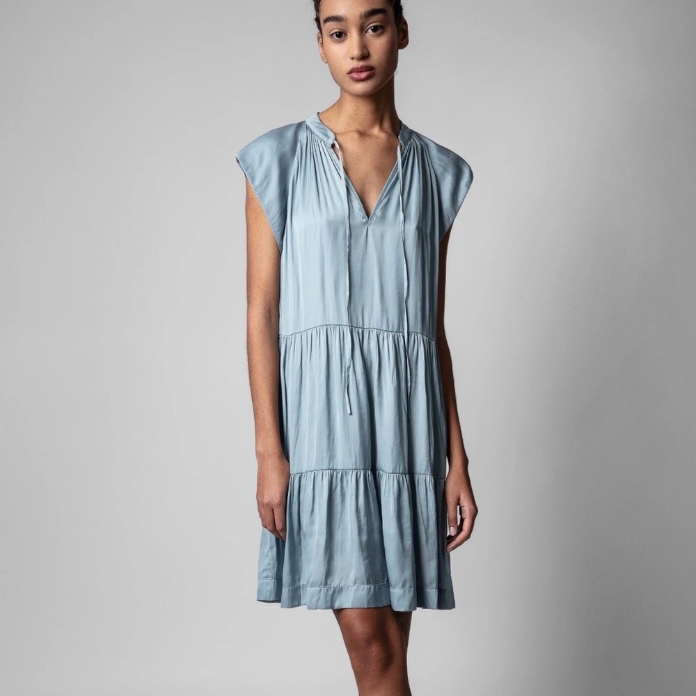Zadig & Voltaire Rito Satin Mini Tiered Dress Women’s XS Light Blue Flowy Classy